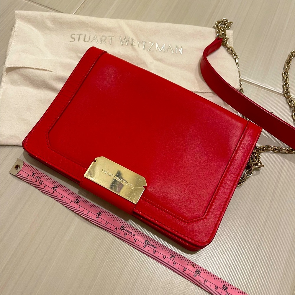 Stuart Weitzman Red Leather Crossbody Bag with Gold Chain